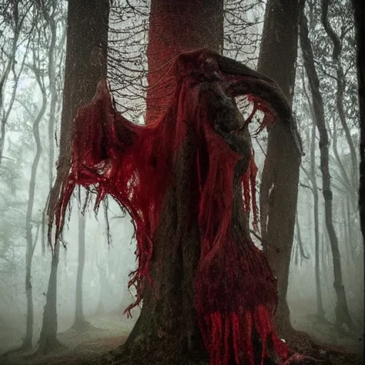 Prompt: elder demons from the abyss in a misty forest, red webs and fungus, red by emil melmoth, by rozalski, cinematic,
