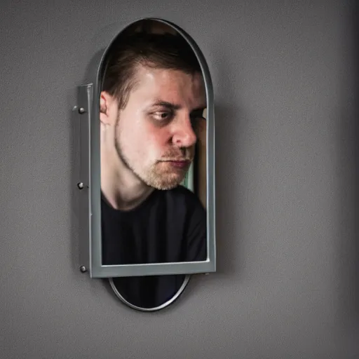 Prompt: professional direct photograph of a man examining his face in the mirror