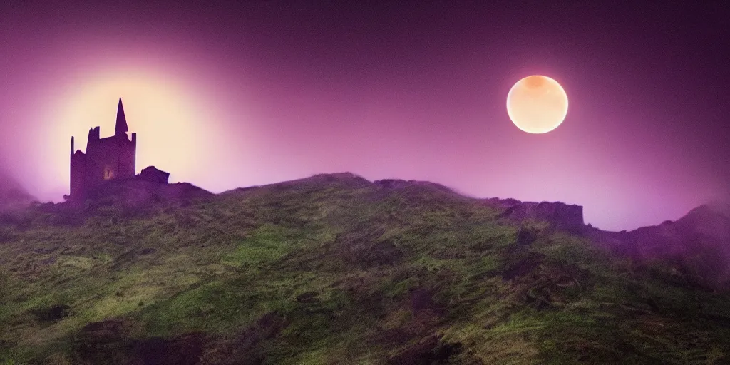 Image similar to a tall pointy castle atop a steep mountain, purple fog engulfs the ground below and a big yellow glowing crescent moon lingers above