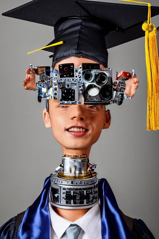 Image similar to a portrait photo of a extremely detailed robot graduating wearing a graduation hat. nikon z 9. 5 0 mm, f / 1. 8 photography. portrait photography. ultra hd, 8 k, graduation photo