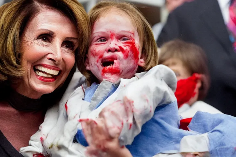 Prompt: Photograph of Nancy Pelosi smiling and eating a small child. Blood is everywhere.