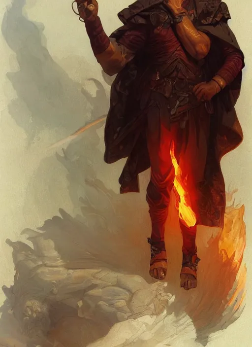 Prompt: a man made of fire and smoke, male, full body view, beautiful high quality realistic fantasy art, trending on artstation by artgerm and greg rutkowski and alphonse mucha