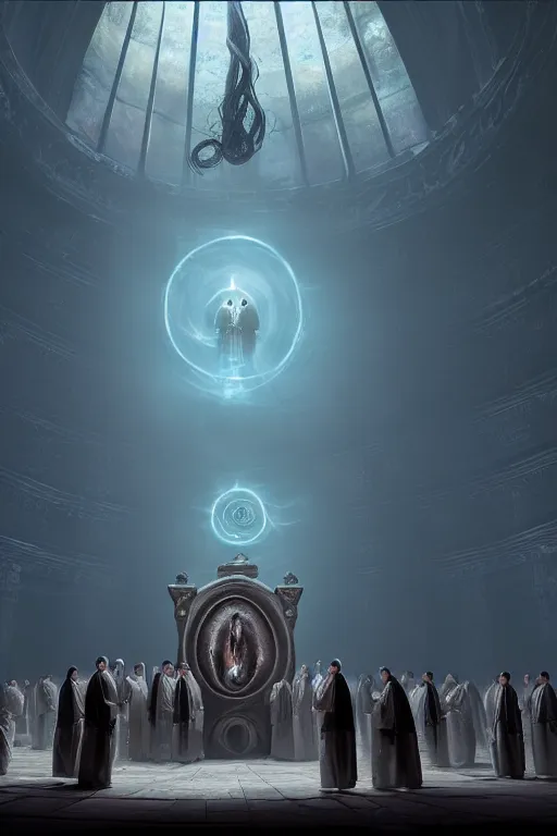 Image similar to center view of a group of priest in circle invoking an hyper realistic lovecraft creature portrait in a huge ritual portal, 4 k, fantasy art, glamorous composition, wide - angle shot, cinematography lighting, volumetric fog, vivid colors, realistic, octane render, unreal engine, frank frazzeta, hyper realistic matte painting