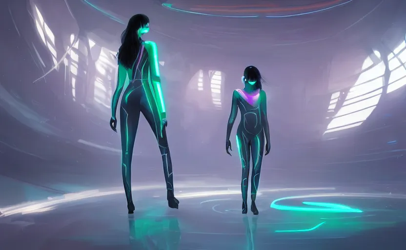 Prompt: beautiful young Himalayan woman, walking empty hall of a spaceship, futuristic, somber, iridescent body suit with glowing stripes, by Makoto Shinkai and Wojtek Fus, by studio trigger, rossdraws, ambient occlusion, clean lineart and color, vibrant