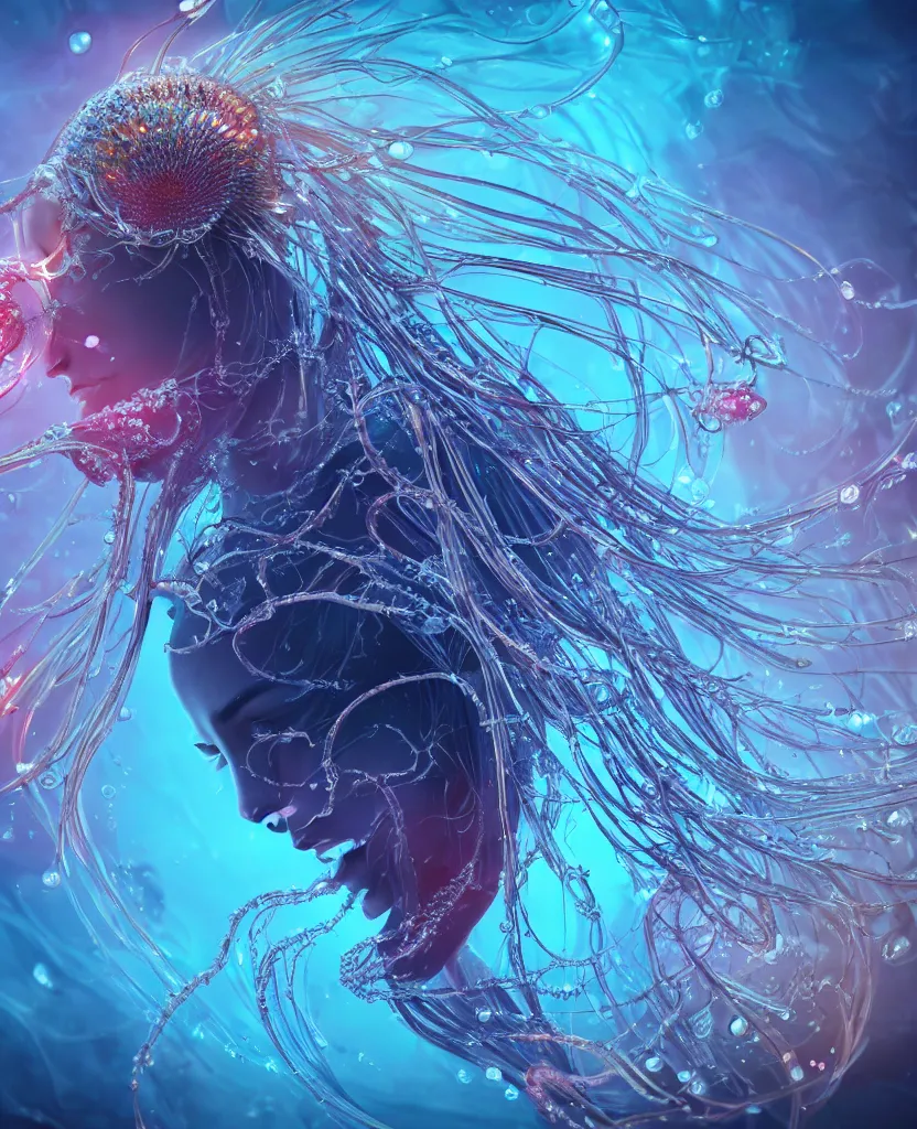 Image similar to close-up macro portrait of the face of a beautiful princess, epic angle and pose, symmetrical artwork, 3d with depth of field, blurred background, cybernetic jellyfish female face skull phoenix bird, translucent, nautilus, energy flows of water and fire. a highly detailed epic cinematic concept art CG render. made in Maya, Blender and Photoshop, octane render, excellent composition, cinematic dystopian brutalist atmosphere, dynamic dramatic cinematic lighting, aesthetic, very inspirational, arthouse. y Greg Rutkowski, Ilya Kuvshinov, WLOP, Stanley Artgerm Lau, Ruan Jia and Fenghua Zhong