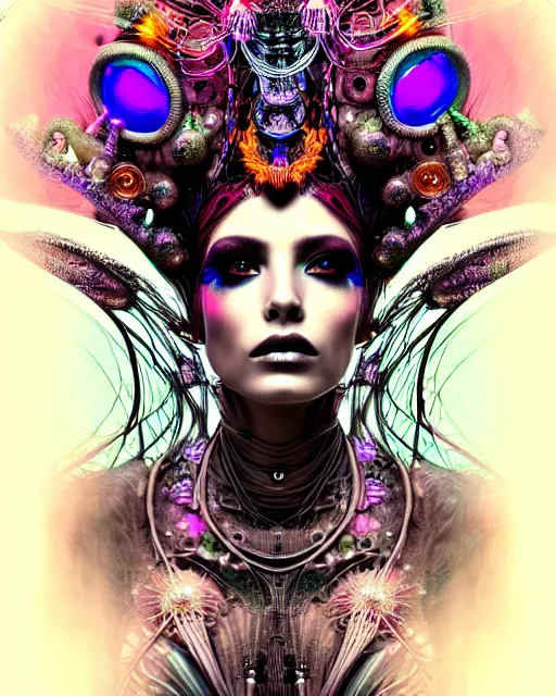 Image similar to detailed portrait of a beautiful goddess in a cyber headdress, neon cyberpunk make - up, art by android jones, ernst haeckel, nekro borja, alphonso mucha, h. r. giger, gothic - cyberpunk,