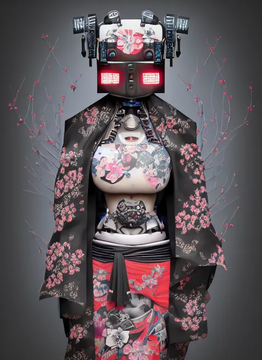 Image similar to full body portrait of a gothic japanese robot geisha with kanji tattoos and decals wearing a digital pixelated kimono, intricate design, photorealistic, octane render, raytraced, ultra fine detailed, character design, trending on artstation