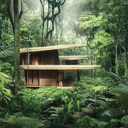 Prompt: a beautiful 3d renderings of a little huse in a jungle, architecture by Kengo Kuma. Architectural photography, 14mm, cinematic photography, high resolution 4k, cg architects, vray