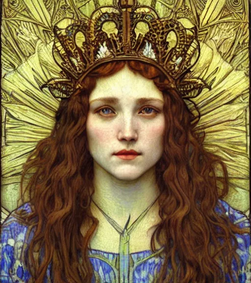 Image similar to detailed realistic beautiful young medieval queen face portrait by jean delville, alphonse mucha, vincent van gogh, and marco mazzoni, art nouveau, symbolist, visionary, gothic, pre - raphaelite