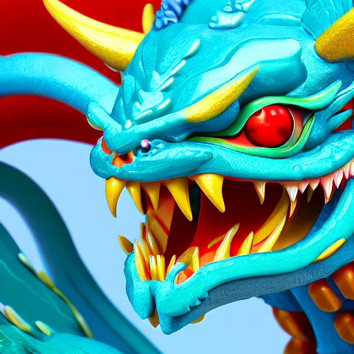 Image similar to closeup 3 d toy chinese bestiary dragon as funco toy, war cry, plastic, sss, octane 4 k render, studio lighting, artstation, cyan photographic backdrop, 1 0 5 mm, f 2. 8 aperture