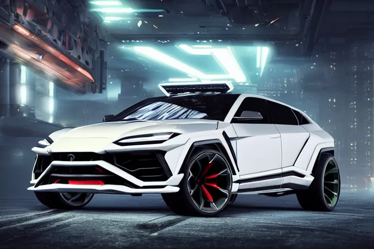 Image similar to cyberpunk lamborghini urus concept inspired sports car, futuristic look, highly detailed body, very expensive, photorealistic camera shot, bright studio setting, studio lighting, crisp quality and light reflections, unreal engine 5 quality render