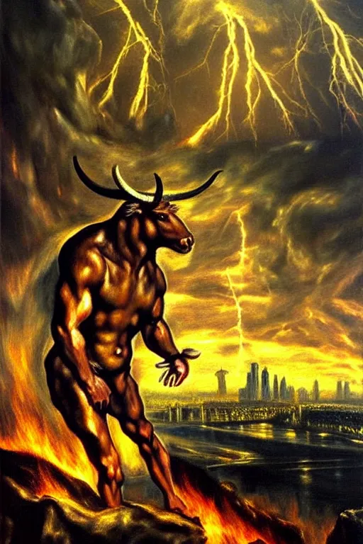 Image similar to oil painting of a minotaur standing in front of a city on fire, photorealism, photo-realistic, 4k, highly detailed,, dramatic lightning, by El Greco,