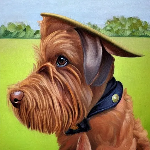 Prompt: detective Irish terrier wearing a fedora and a Trenchcoat, oil painting, majestic, beautiful