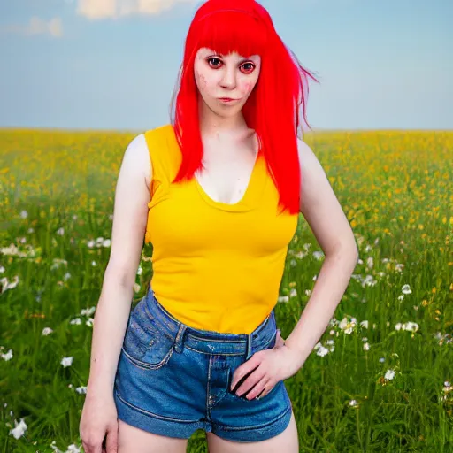 Image similar to misty from pokemon, her orange hair in a side ponytail, wearing a yellow shiort sleeved crop top and blue daisy duke shorts with red suspenders on top, standing in a field, by gottfried helnwein, dslr full body portrait, sigma 8 5 mm f 1. 8