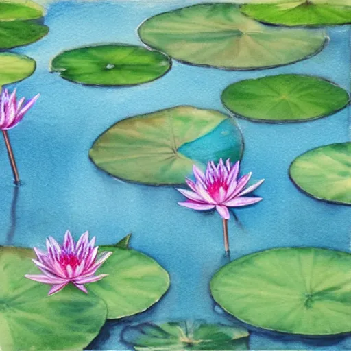 Image similar to watercolour painting of waterlilies with a teal background