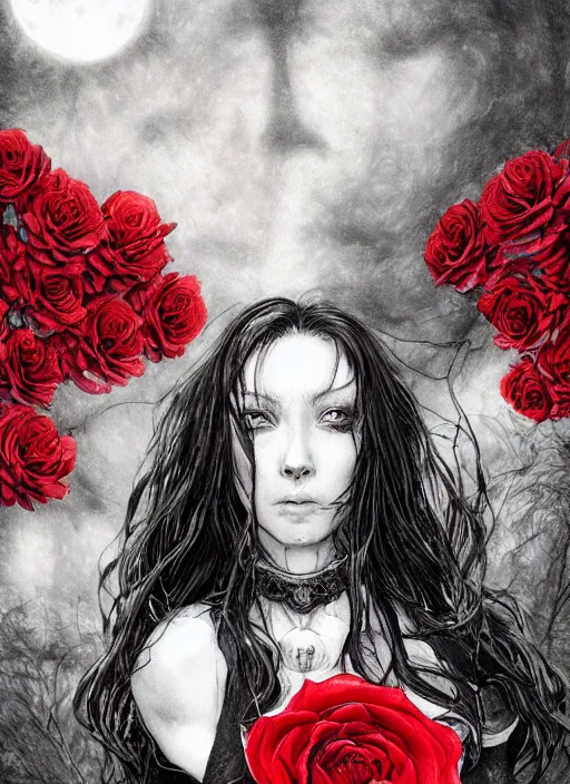 Image similar to portrait, A witch in front of the full big moon, book cover, red roses, red white black colors, establishing shot, extremly high detail, foto realistic, cinematic lighting, pen and ink, intricate line drawings, by Yoshitaka Amano, Ruan Jia, Kentaro Miura, Artgerm, post processed, concept art, artstation, matte painting, style by eddie, raphael lacoste, alex ross