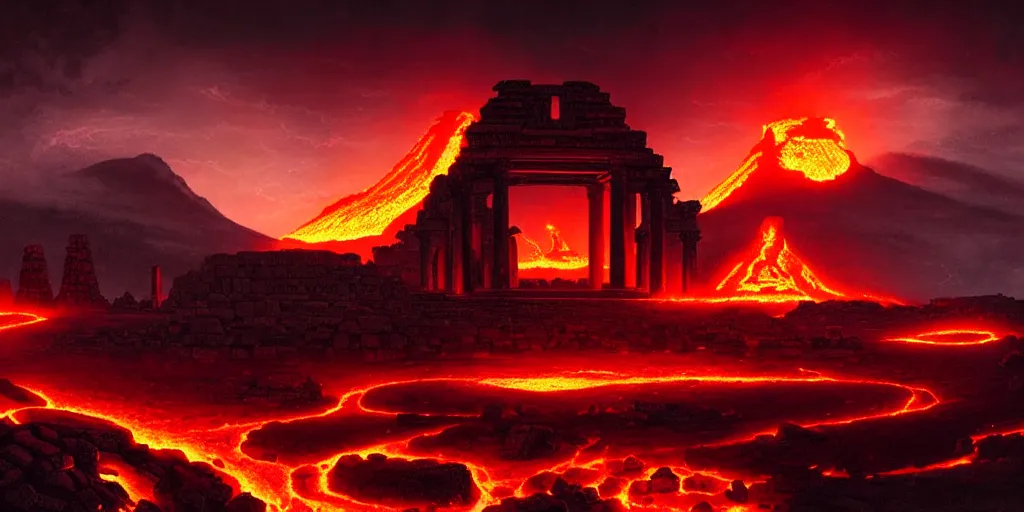 Image similar to ancient god temple at night ruins of ancient civilization, surrounded by glowing lava, volcanoes in the background, ultra high definition, ultra detailed, symmetry, sci - fi, dark fantasy, by greg rutkowski and ross tran