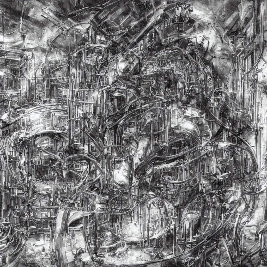 Image similar to abandoned laboratory from 1 9 3 0 s century - first - generation vacuum - tube computers - eniac - colossus - enigma - inside u - boat - metal pipes - obsolete technology - high resolution - 4 k - dark atmosphere - high contrast - retro futuristic - detailed artwork - art by hans giger