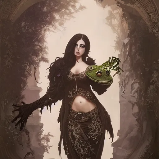 Image similar to attractive goth woman with a frog, intricate, highly detailed, digital painting, artstation, concept art, smooth, sharp focus, illustration, unreal engine 5, 8 k, art by artgerm and greg rutkowski and alphonse mucha