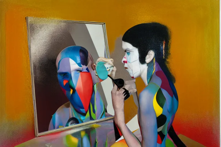 Image similar to portrait of a morphed harlequin sitting on a stool looking into a mirror doing makeup by james jean and luc tuymans and beeple and hernan bas and pat steir and hilma af klint, psychological, 3 d, dripping paint, high quality render, masterpiece