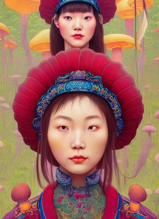 Image similar to pretty yunnan girl with mushroom : : by martine johanna and simon stalenhag and chie yoshii and casey weldon and wlop : : ornate, dynamic, particulate, rich colors, intricate, elegant, highly detailed, centered, artstation, smooth, sharp focus, octane render, 8 k