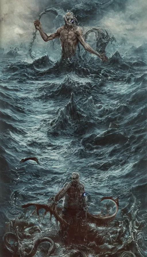 Image similar to man on boat crossing a body of water in hell with creatures in the water, sea of souls, by yoshitaka amano,