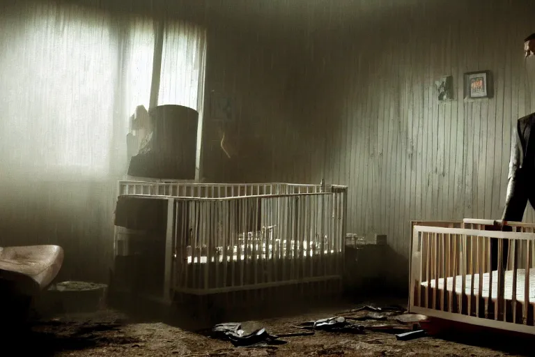 Image similar to film still of Tom Hardy as Max Payne in a dark dream next to a baby crib in the Max Payne movie, 4k