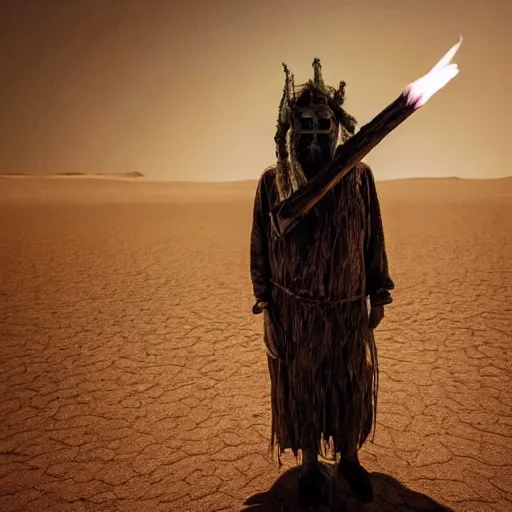 Image similar to full body shot of floating old asian man with long beard, his head covered in roots, full face occult silver mask, glowing eyes, wearing a large carved wooden fractal stick, smoke around him, in the burning soil desert, cinematic shot, wide angle, desert background, dry volumetric lighting by Denis Villeneuve, Lubezki, Gaspar Noe Christopher Doyle and Alejandro Jodorowsky, anamorphic lens, anamorphic lens flares, kodakchrome, cinematic composition, practical effects, award winning photo, 8k