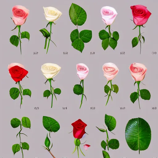 Image similar to various kinds of separate rose petals, botanical illustration, white background, 8 k