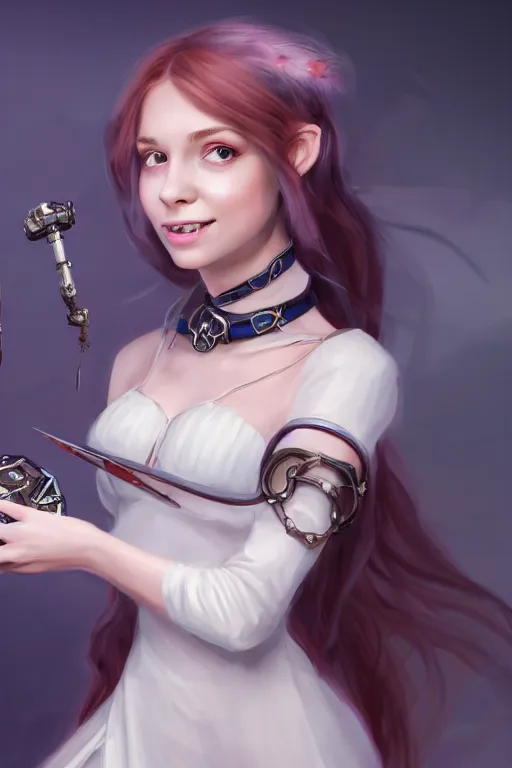 Image similar to portrait of a gorgeous young female artificer holding a strange mechanical device, looking at camera, D&D, choker on neck, stylish dress, mouth slightly open, cute slightly nerdy smile, very long flowing hair, intricate, elegant, stylish, fantasy, extremely detailed, digital painting, artstation, concept art, smooth, sharp focus, illustration, stunning lighting, art by artgerm and greg rutkowski and alphonse mucha and simon stalenhag