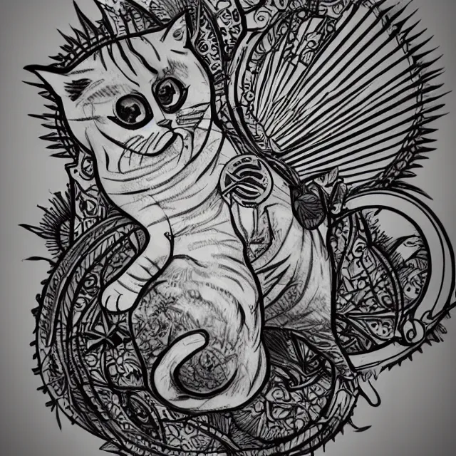 Prompt: tattoo sketch of a cat hugging the sun, on a canva, steampunk style, ornamental, line art, minimalism