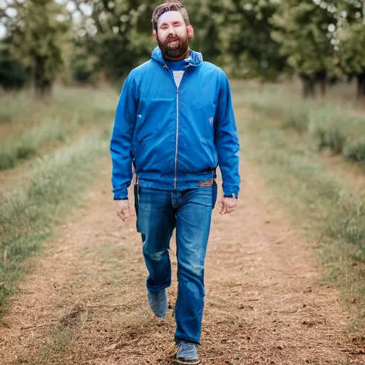 Prompt: steven bonnell ii in a blue jacket walking in a field, 5 0 mm sigma lens, sony a 7 siii