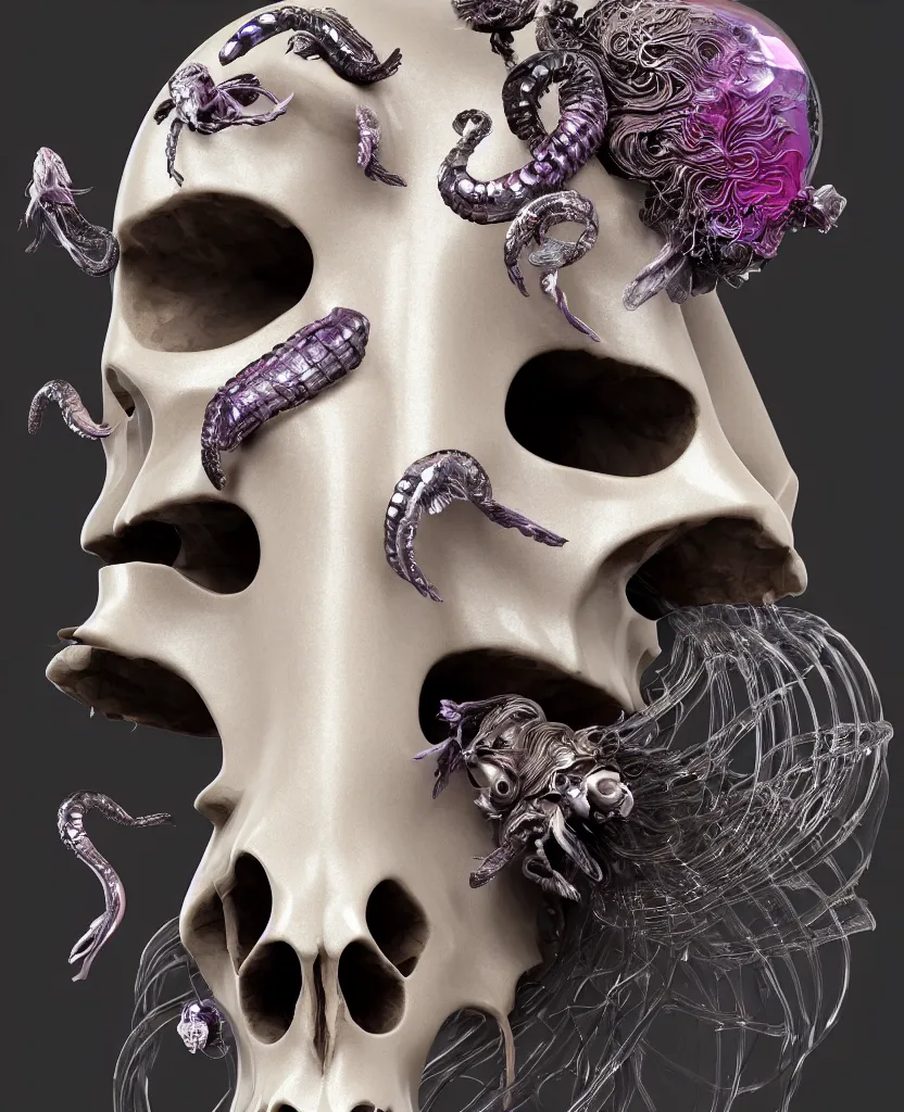 Image similar to goddess princess face close-up portrait ram skull. sculpture made of black and dichroic. jellyfish phoenix head, nautilus, orchid, skull, betta fish, bioluminiscent creatures, intricate artwork by Tooth Wu and wlop and beeple. octane render, trending on artstation, greg rutkowski very coherent symmetrical artwork. cinematic, hyper realism, high detail, octane render, 8k