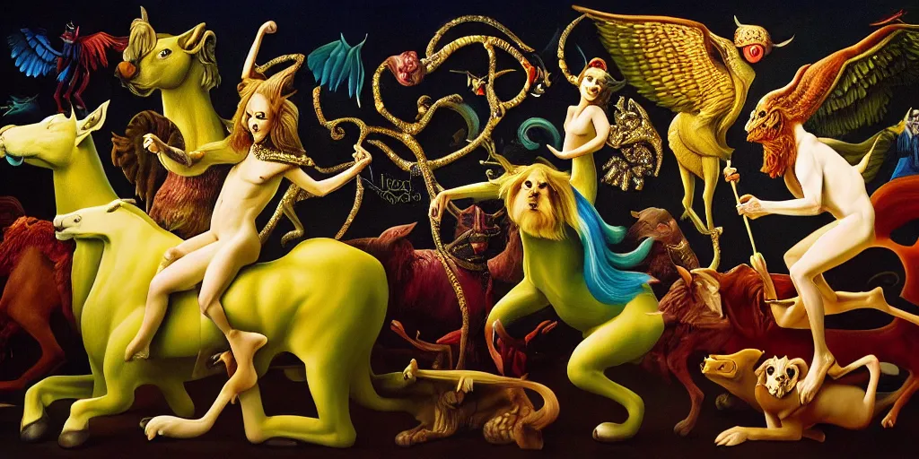 Image similar to the three imaginary fates pleasure dream adventure imaginary mythical animals love abstract oil painting by gottfried helnwein pablo amaringo raqib shaw zeiss lens sharp focus high contrast chiaroscuro gold complex intricate bejeweled