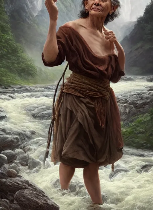 Prompt: photo of a gorgeous old young woman dressed as a man, climbing a river in tribal mountains the style of stefan kostic, realistic, sharp focus, 8k high definition, insanely detailed, intricate, elegant, art by stanley lau and artgerm