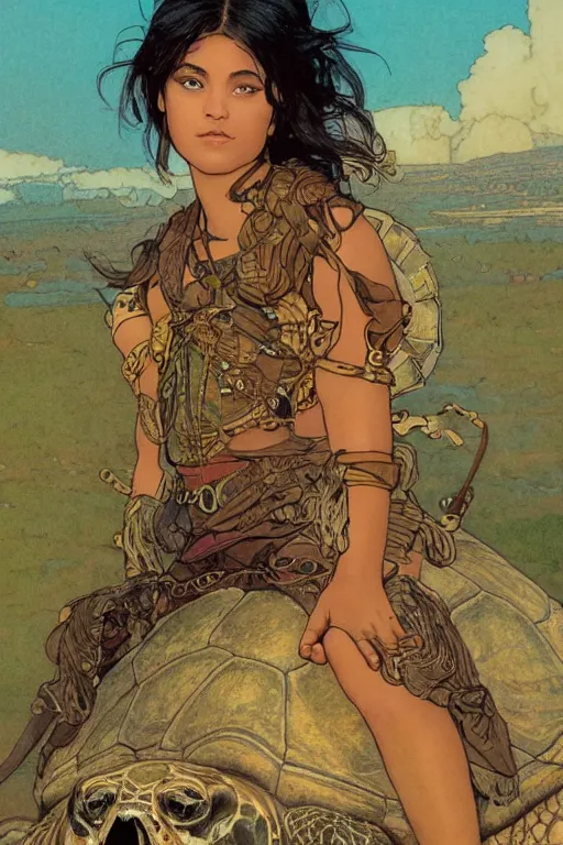 Image similar to a little warrior girl sitting on top of a giant turtle that is walking in the desert, seen from a distance. the girl is fully visible and has dark skin and beautiful green eyes, realistic full body and a very beautiful detailed face with long black hair. diffuse light, dramatic sky and landscape, fantasy illustration by mucha