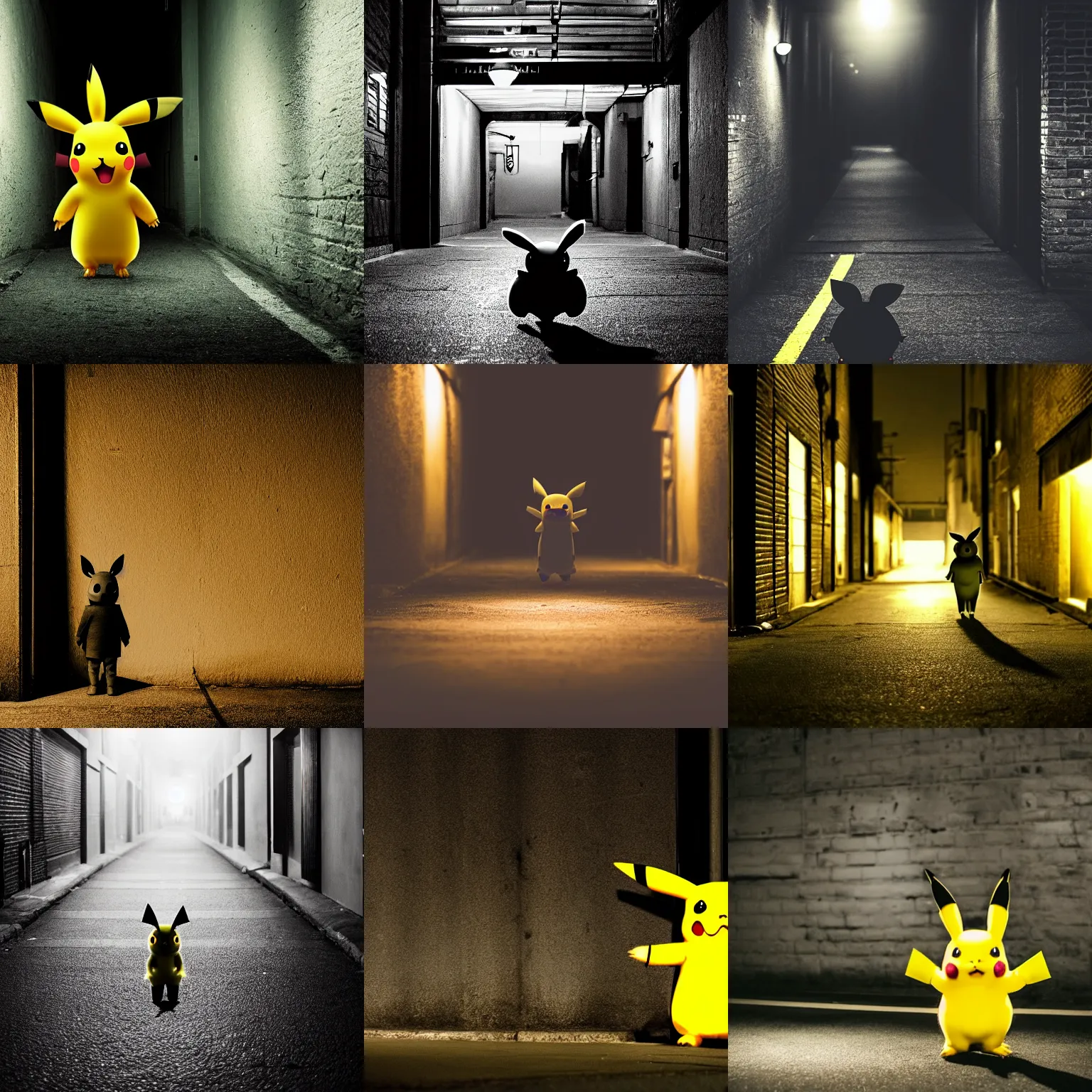 Prompt: Dimly lit photo of a lone Pikachu standing ominously in the middle of a dark alley at night