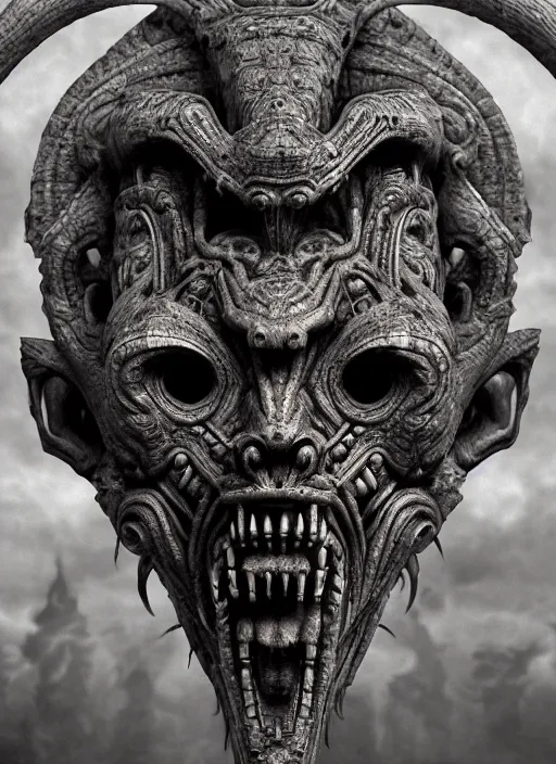 Prompt: ancient biomechanical demon fantasy human face mask concept, teonanacatl glyph, intricate artwork by zdizslaw beksinski, artgerm, h. r. giger, very coherent artwork, cinematic, hyper realism, high detail, octane render, unreal engine, 8 k, high contrast, vibrant colors