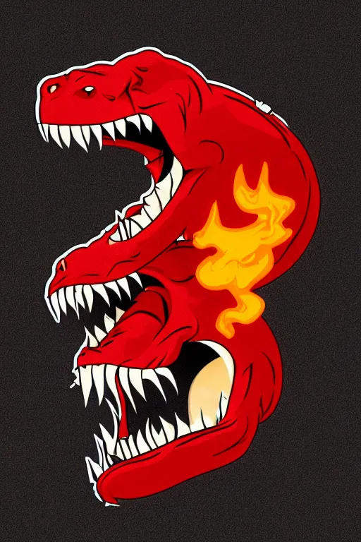 Image similar to Evil t-rex, the devil, sticker, blood thirsty, spawn of Satan, burning in hell, blood, evil, colorful, illustration, highly detailed, simple, smooth and clean vector curves, no jagged lines, vector art, smooth