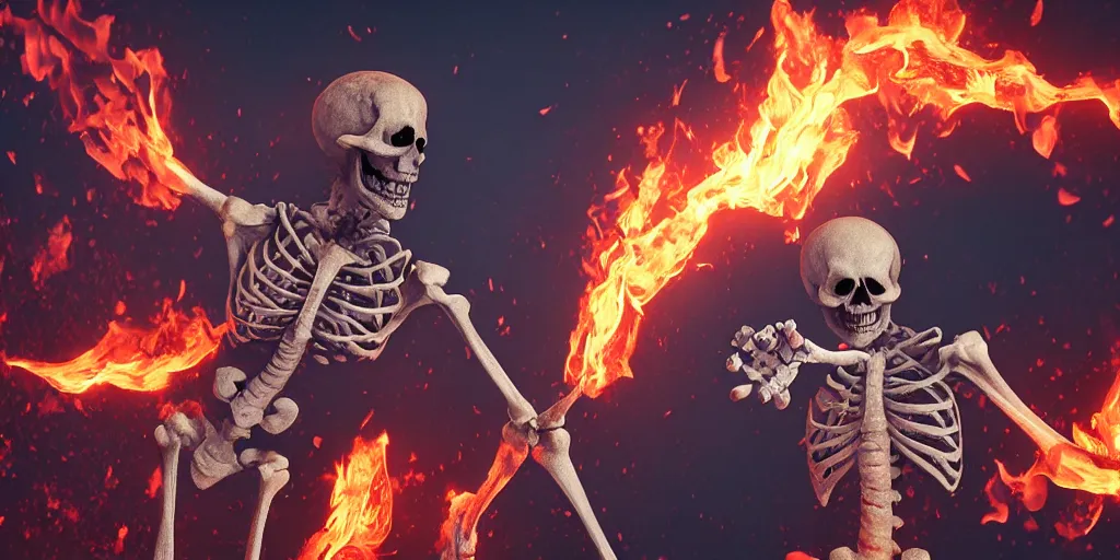 Prompt: Skeleton on fire flipping the camera off with his middle finger, realistic 4k octane beautifully detailed render, 4k post-processing, highly detailed, intricate complexity, epic composition, magical atmosphere, cinematic lighting, masterpiece, ultra hd