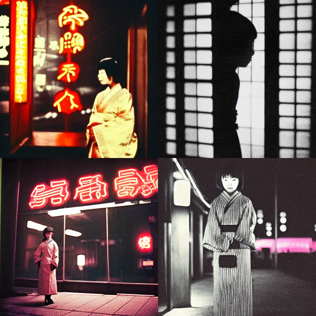Prompt: A Japanese woman at night, 1966, 35mm photography, red neon lights