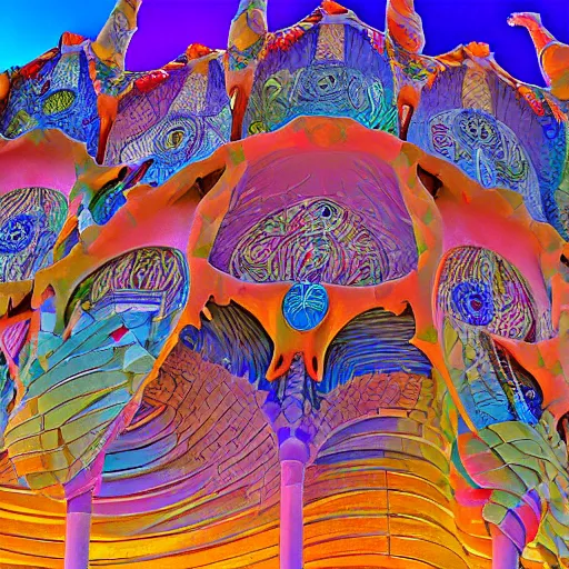 Prompt: visionary architecture by antoni gaudi, john stephens, alex gray, lisa frank