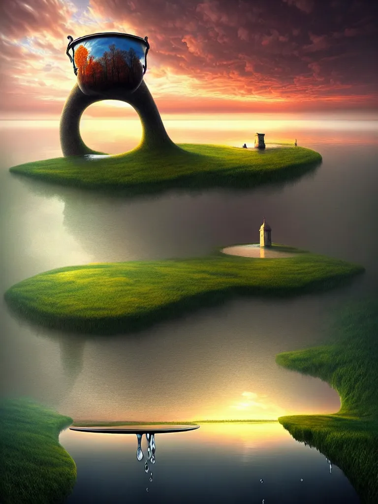 Image similar to a surreal landscape at sunset with a immense gigantic ornated iron chalice cup with a lake inside, water in excess dropping by gediminas pranckevicius