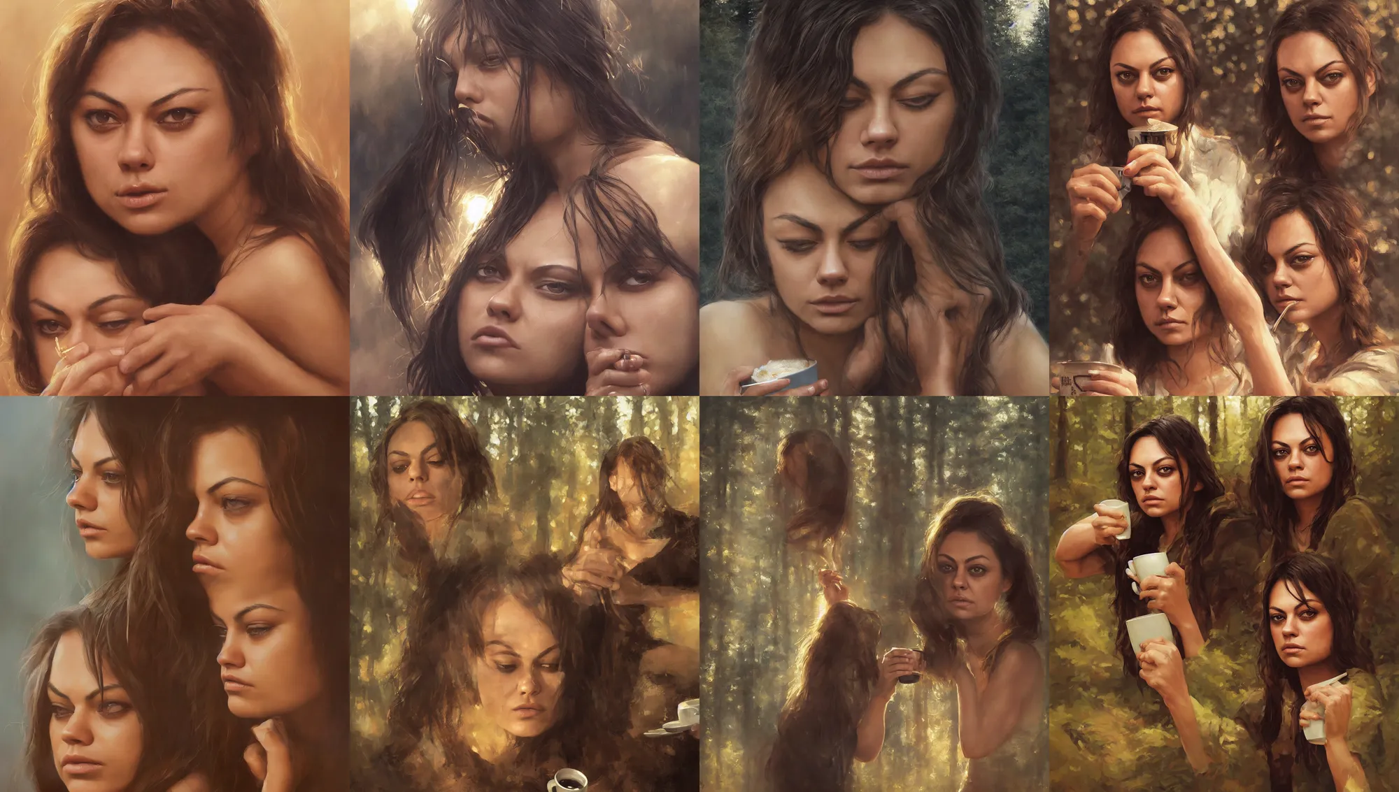 Image similar to close portrait of sleepy mila kunis waking up with coffee, dramatic light, morning golden hour, forest cabin background, 2 0 0 mm focal length, 1 9 7 0 s, painted by stanley lau, painted by greg rutkowski, painted by stanley artgerm, digital art, trending on artstation