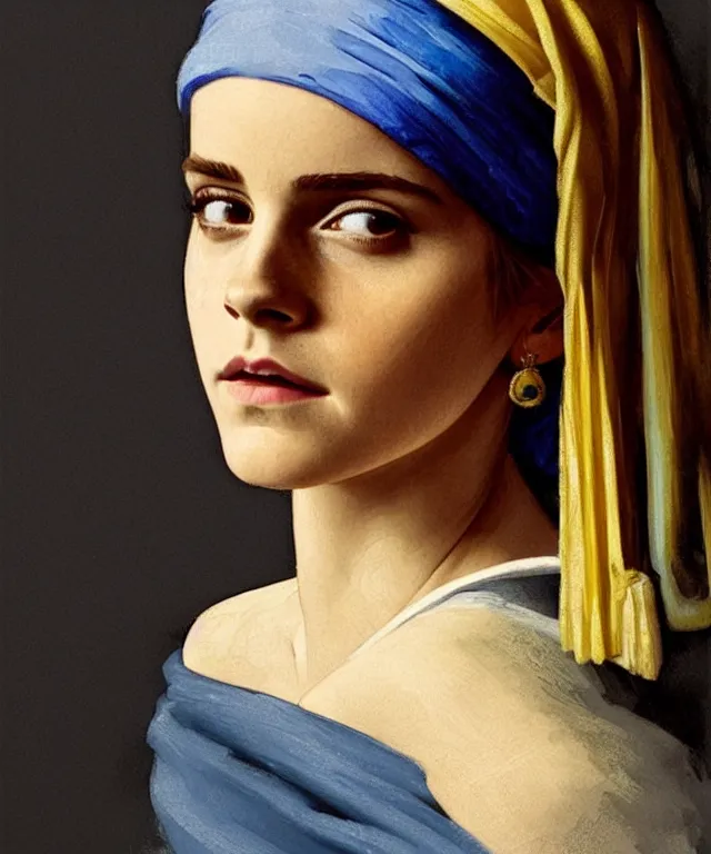 Image similar to Emma Watson as the girl with the pearl earring, highly detailed, digital painting, artstation, concept art, smooth, sharp focus, illustration, ArtStation, art by artgerm and greg rutkowski and alphonse mucha and J. C. Leyendecker and Edmund Blair Leighton and Katsuhiro Otomo and Geof Darrow and Phil hale and Ashley wood and Ilya repin and Charlie Bowater