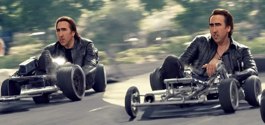 Image similar to nicholas cage in a mario kart, movie still, from the new fast and furious movie, hd, 8 k