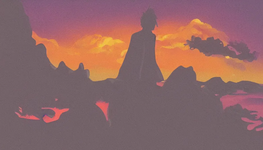 Image similar to the weeknd with drake by studio ghibli, digital art, sharp focus, 4 k, sunset beach, foggy, neon