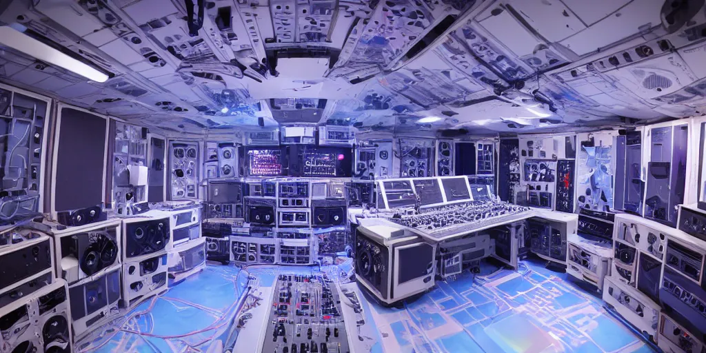 Image similar to giant speaker system music recording studio in the interior of an international space station. filled with electronic dj equipment, modular synthesizer with cables everywhere. hologram antimatter projection system. photorealistic 35mm 4k cgsociety