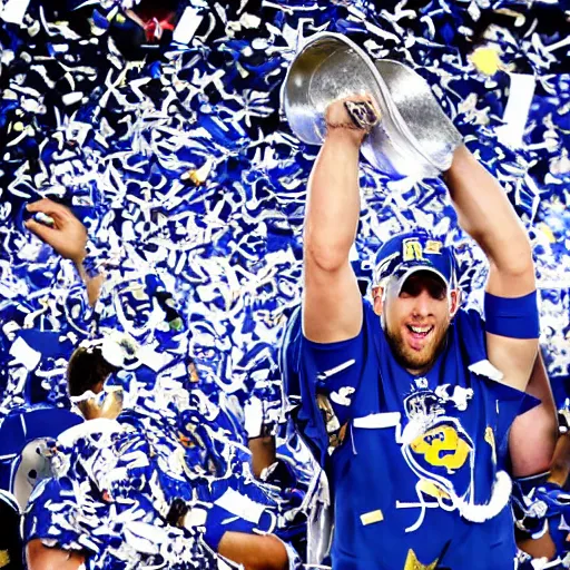 Image similar to detroit lions jared goff lifts up the lombardi trophy, confetti, 8 k sports photography