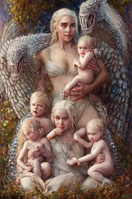 Prompt: portrait of daenerys targaryen surrounded by three baby dragons. art by gaston bussiere and tomacz alen kopera.
